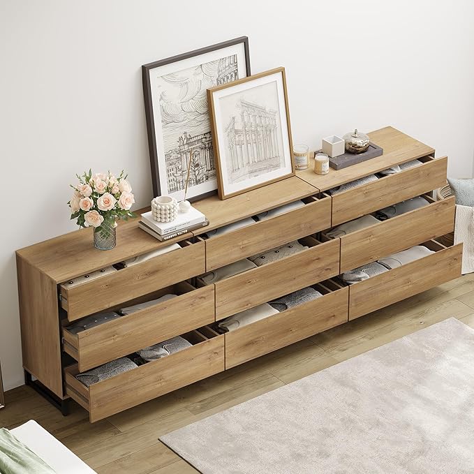 WAMPAT 3 PCS Modern 72" Tall Bookcase with 9 Drawers and Open Book Shelfs, Library Book Shelf with Storage Cabinet and Metal Base, Wood Freestanding Bookshelves for Home Office, Living Room, Oak
