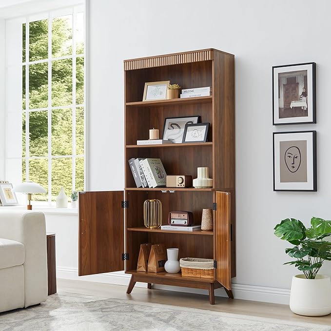68" Fluted Tall Bookcase with Storage Cabinet,Mid-Century Modern 5-Tiers Arched Bookshelf Cabinet with Doors, Arched Bookcase with Open Display Storage Shelf for Home Office Bedroom Living Room,Walnut