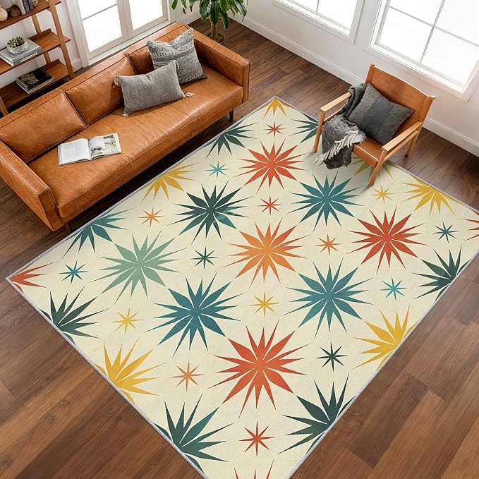 Retro Atomic Rugs for Living Room Decor, 8x10 ft, Mid Century Modern Area Rugs for Bedroom, Soft Non Slip Washable 50s Abstract Geometric Carpet Home Decorations D-g48