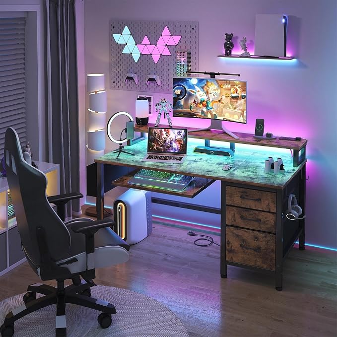 Lufeiya Gaming Desk with LED Lights and Power Outlets, 47 Inch Home Office Desks with Keyboard Tray, Computer Desk with File Drawers Cabinet, Writing Table PC Desks with Monitor Stand, Rustic Brown