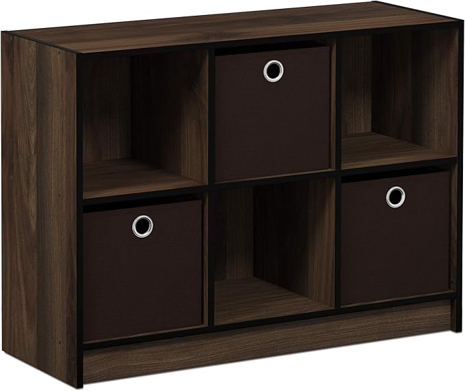 Furinno BASIC Book Shelf, 6-Cube Bookshelf with Open Shelf, 3 x 2 Bookcase with Storage Bins, Closed Back, Horizontal, 11.9 x 31.6 x 23.6, for Living Room, Bedroom, Home Office, Columbia Walnut