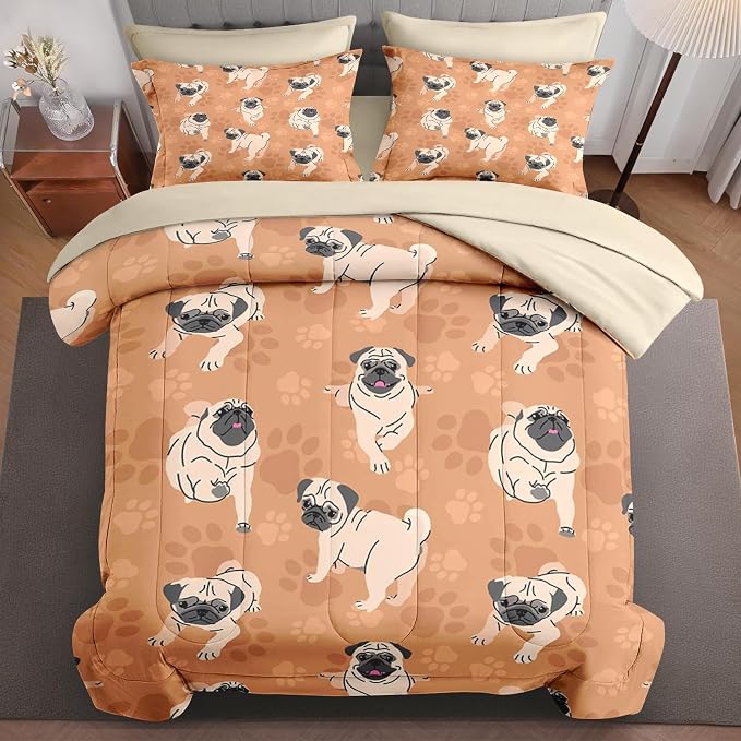 7Pcs Comforter Set Full Size, Cute Brown Pug Dog Lover, Bedding Decor Happy Puppy Animal Paws Gift Bedroom Bed Set with Flat Sheet Fitted Sheet Pillowcases Shams for Kids and Adults