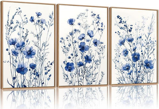 FWIEXA Blue White Wildflower Canvas Wall Art Set of 3, Framed Navy Chinoiserie Watercolor Botanical Pictures Wall Decor, Minimalist Floral Paintings Artwork, 24x36In Florals Prints for Living Room, Bedroom, Bathroom