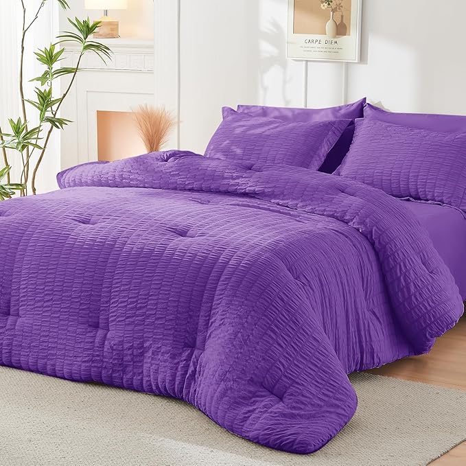 HYMOKEGE Dark Purple Full Size Comforter Sets Seersucker 7 Pieces, All Season Luxury Bed in a Bag for Bedroom, Bedding Set with Comforter, Sheets, Pillowcases & Shams