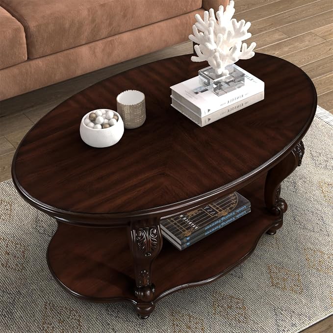 42'' Oval Wood Coffee Table for Living Room, Mid Century Farmhouse Round Coffee Tables for Apartment, Easy Assembly Traditional Coffee Table Centre Table Retro Cocktail Table, Cherry