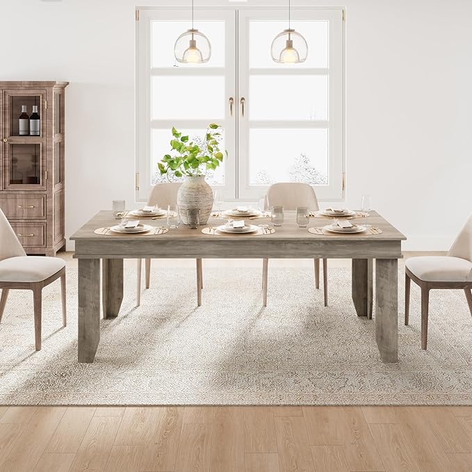 GarveeHome Farmhouse Dining Table for 6-8 People, 71 in Long Kitchen Tables with Wooden Sturdy Frame, 6 ft Large Rectangular Dinner Table for Dining Room, Kitchen, Grey, 71" Non-extendable