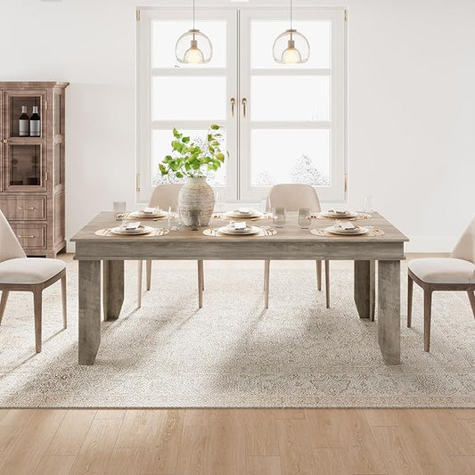GarveeHome Farmhouse Dining Table for 6-8 People, 71 in Long Kitchen Tables with Wooden Sturdy Frame, 6 ft Large Rectangular Dinner Table for Dining Room, Kitchen, Grey, 71" Non-extendable