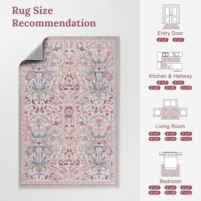 AMTOVO 9x12 Washable Area Rugs for Living Room, Non-Slip&Non-Shedding Floral Large Soft Boho Vintage Print Carpet for Bedroom Girls Room Dorm Dining Room Farmhouse Nursery Home Office, Pink
