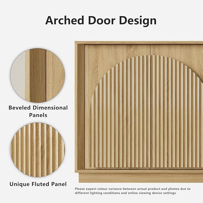 win2win Fluted Sideboard Buffet Cabinet with Storage, 65" Modern Accent Cabinet with Double-Layered Arch Doors, Wood Boho Media TV Console Table Credenza for Living Dining Room Hallway Entryway, Oak