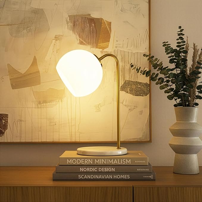 Brightech Krystal LED Table Lamp, Frosted Glass Globe Arcing Living Room Lamp, Mid-Century Modern Standing Lamp for Living Rooms, Boho Rustic Indoor Table Lamp for Bedrooms & Offices - Brass