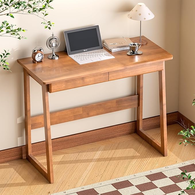 Solid Wooden Desk with Drawers - 39 x 18 Inch Narrow Desks for Small Spaces, Rubber Wood Study Table, Vintage Writing Desk with Drawers, Small Desks for Bedroom & Home - Walnut Color