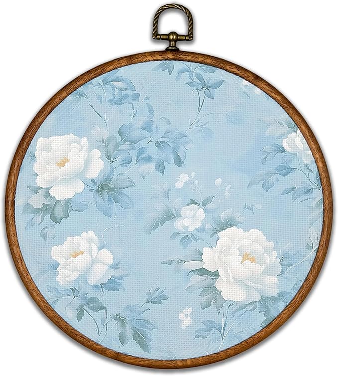 KSDUT Retro Aesthetic White Floral Wall Art Decor - Botanical Neutral Mid Century Modern Blue Wall Art Canvas Frame Hanging Prints, Vintage Landscape Round Wall Art Decor for Home Decorations 10"x10"