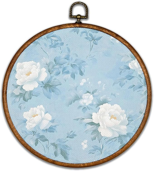 KSDUT Retro Aesthetic White Floral Wall Art Decor - Botanical Neutral Mid Century Modern Blue Wall Art Canvas Frame Hanging Prints, Vintage Landscape Round Wall Art Decor for Home Decorations 10"x10"