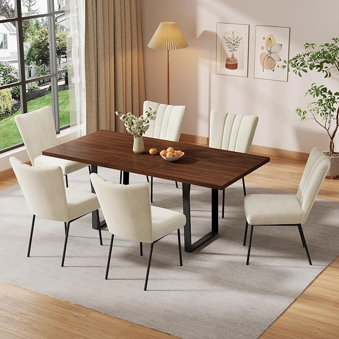 ZckyCine 63"-79" Expandable Dining Table Set for 6-8, Modern Walnut Table with Metal Legs and 6 White Velvet Upholstered Chairs, Kitchen & Dining Room Furniture, Easy Assembly