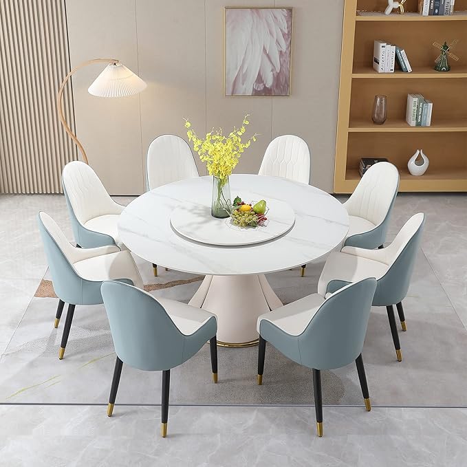 Round Marble Dining Table Set for 6-8, Kitchen Table, Dining Room Table Set Petal Pu Leather & Metal Base (1 Table and 8 Blue Chairs)