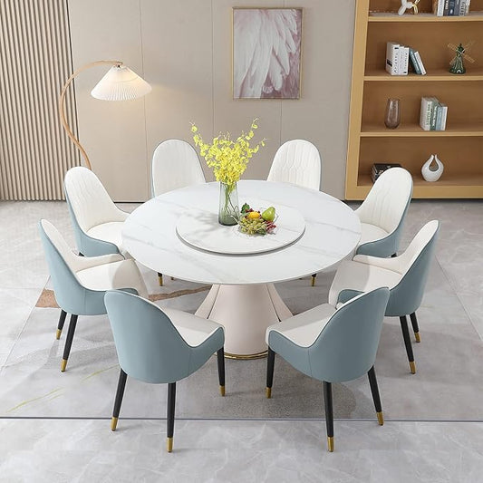 Round Marble Dining Table Set for 6-8, Kitchen Table, Dining Room Table Set Petal Pu Leather & Metal Base (1 Table and 8 Blue Chairs)