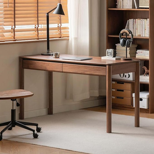 Black Walnut Desk, Mid-Century Modern Solid Wood Computer Writing Desk, Home Office Desk for Study Room Office Bedroom