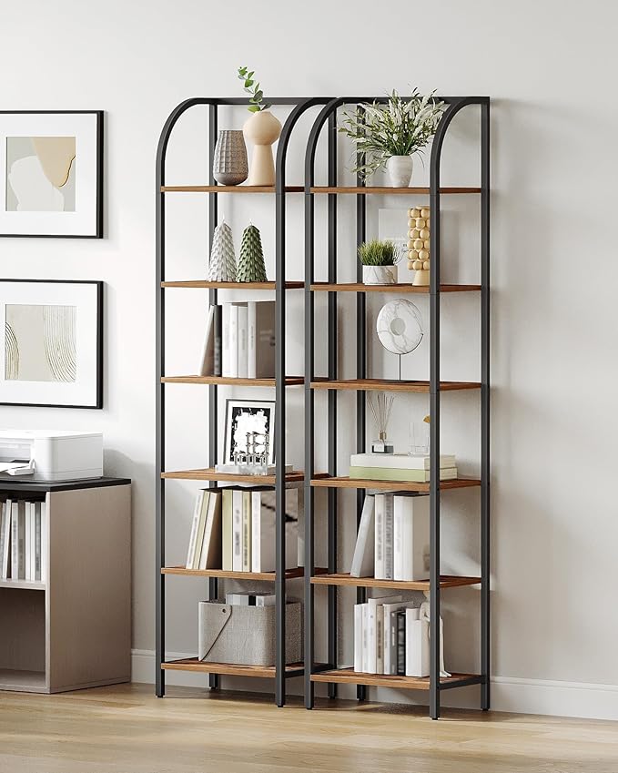 Hzuaneri Bookshelf Narrow Bookcase, Tall Storage Rack with Steel Frame, Display Standing Shelf Unit, Skinny Book Shelf for Study Living Room Home Office, Industrial Style, 6-Tier Rustic Brown BC56401B