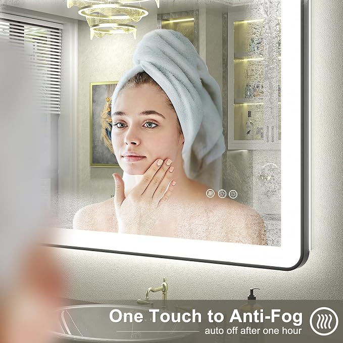 60"x40" LED Mirror for Bathroom, Black Framed LED Bathroom Vanity Mirror, Dimmable, Anti-Fog, Shatterproof, Independent Backlit+Front Lights, Rounded Corner, Memory, ETL Listed