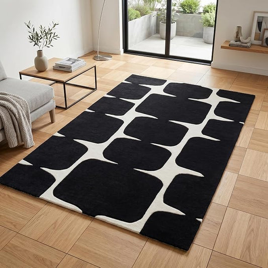 Restoration and Renovation Modern Wool Area Rug - Contemporary Abstract Geometric Design, Thick & Soft Hand-Tufted Carpet - Ideal for Indoor Decor in Living Room, Bedroom (Black, 6' x 9')