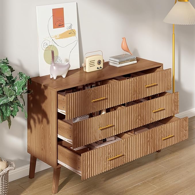 Accent 6 Drawer Dresser, Modern Closet Dressers Chest of Drawers with Fluted Panel, Living Room Bedroom Nursery Entryway and Hallway (Walnut)