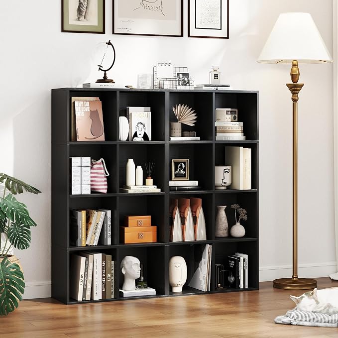 Tangkula 8-Cube Bookcase, Large Floor Standing Horizontal Bookshelf with 8 Open Shelves & 2 Anti-Tipping Kits, Home Office Wooden Storage Book Shelf for Living Room, Study (Black, 8-Cube)