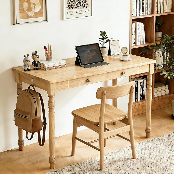 100% Solid Wooden Desk with Drawers - 47.2” Mid Century Modern Desk with 2 Hooks, Writing Desk with Drawers, Simple Work Study Table for Bedroom & Home Office - Natural Boho Desks