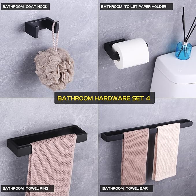 GERZWY Bathroom Accessory 4-Piece Set SUS 304 Stainless Steel Towel Bar Toilet Paper Holder Towel Ring Towel Hooks Wall Mount, Matte Black HG1708-4BK
