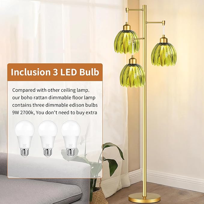Glass Floor Lamp for Living Room,Bedroom,Gold Mid Century Modern Standing Lamp Brass Tree 3 Light Tall Floor Lamps Vintage Floor Lights Green Tulip Flower Lamp Shade Farmhouse Boho Bohemian