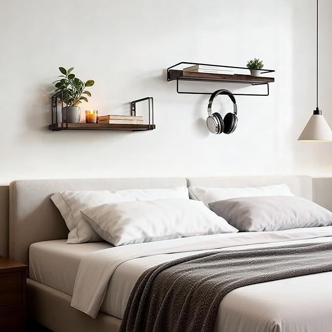 Wall Mounted Shelf with Towel Bar - Solid Walnut Floating Shelves with Metal Frame, Wall Shelf for Coffee Bar Kitchen, Living Room, Office, Bedroom