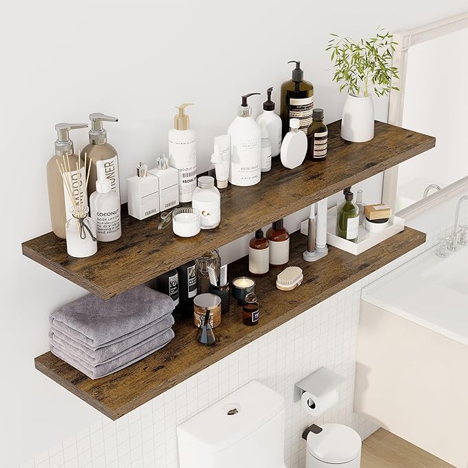 Dreamland 55" Floating Shelves for Wall, 12" Deep Slim Rustic Brown Floating Shelves, Wall-Mounted Shelves for Bedroom, Living Room, Kitchen, Bathroom - Set of 2