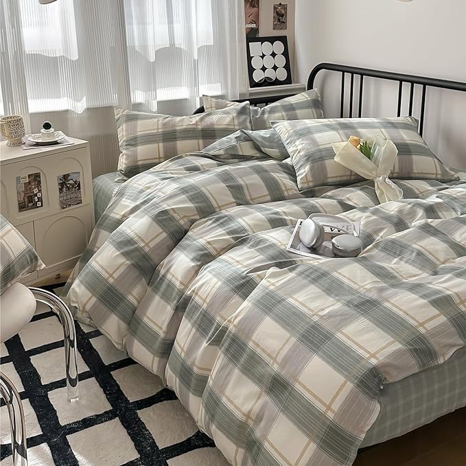 VM VOUGEMARKET Green Plaid Duvet Cover Sets Queen,3 Pieces Gingham Comforter Cover with Zipper Closure & Corner Ties for Men Boys Simple Modern Bedding Set (90"x90")