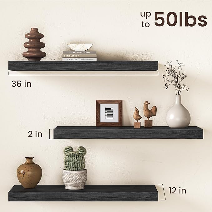 36Inch Black Floating Shelves for Wall, 12 Inch Deep Shelves for Bedroom, Kitchen, Bathroom Wall Mounted, Rustic Wood Floating Shelf with Invisible Brackets for Books, Storage, Decor, 2 Packs