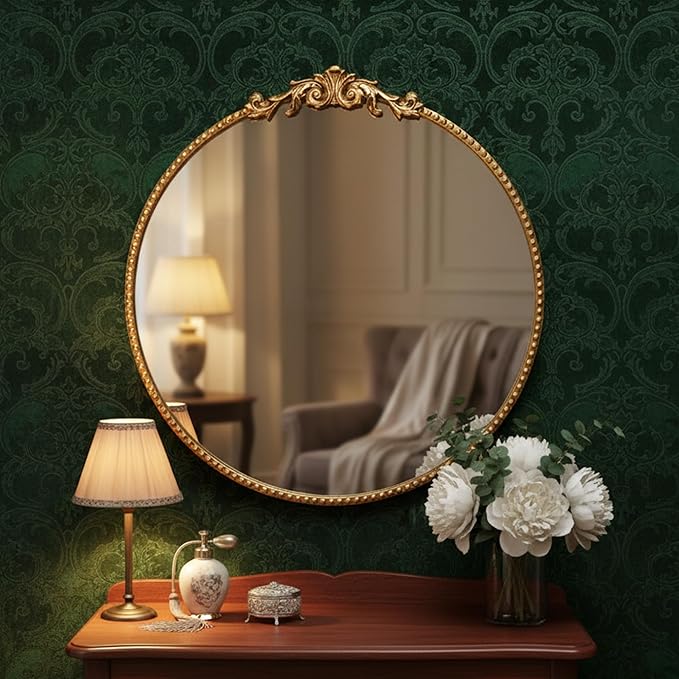 ZIYOO Vintage Baroque Round Wall Mirror 24"x24", Gold Ornate Carved Frame Decor Mirror for Entryway Living Room Bedroom Hallway (Gold Metal,24"x24")