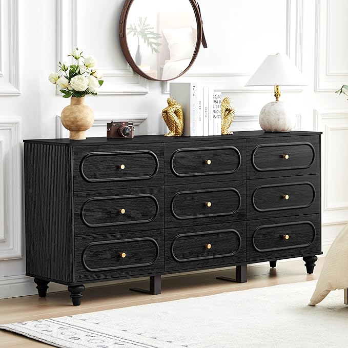 ORRD 9 Drawer Fluted Dresser for Bedroom, Mid Century Modern Chest of Drawers, Wood Storage Small Dresser Organizer for Bedroom Living Room Hallway Closet, Black