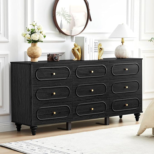 ORRD 9 Drawer Fluted Dresser for Bedroom, Mid Century Modern Chest of Drawers, Wood Storage Small Dresser Organizer for Bedroom Living Room Hallway Closet, Black
