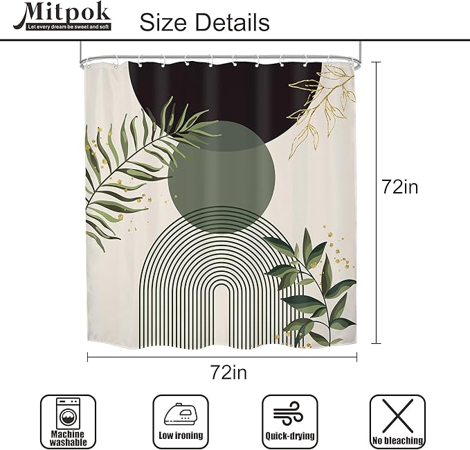 4 PCS Dark Green Boho 72Wx72H Shower Curtain Set Modern Mid Century Leaves Plant Bath Rug Toilet Lid Cover Nonslip U Shape Mat Quick Dry Accessories Bathroom Decor with 12 Hooks