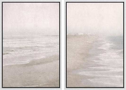 IDEA4WALL Framed Canvas Print Wall Art Set Abstract Beach Shore Ocean Wave Landscape Nature Wilderness Illustrations Modern Art Decorative Coastal Cottage Seascape for Bedroom - 24"x36"x2 White