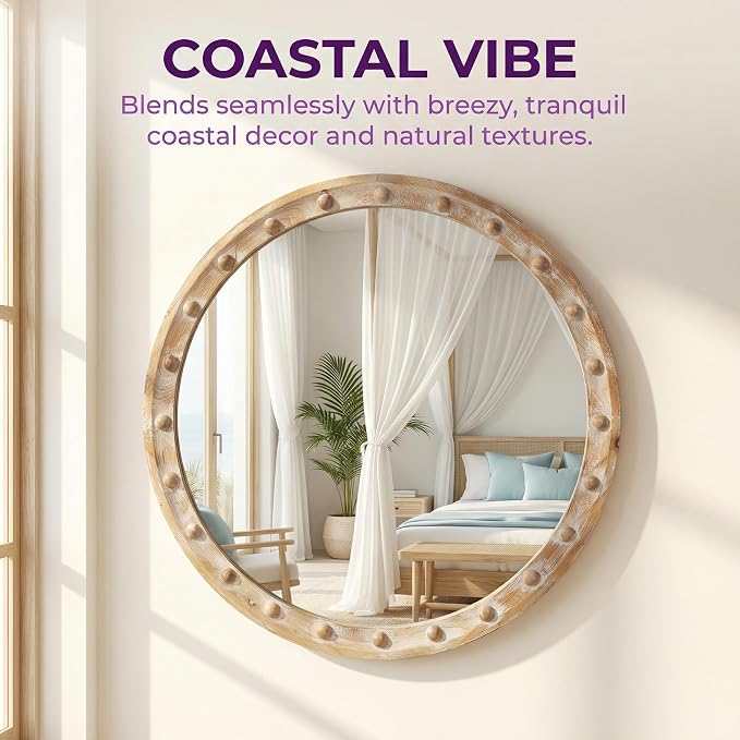 23.62'' Vintage Rustic Round Wall Mirror with Rivet Detail Frame & Pre-Installed Hanging, Decorative Mirror with Large Reflective Surface for Bathroom Bedroom Living Room, Natural