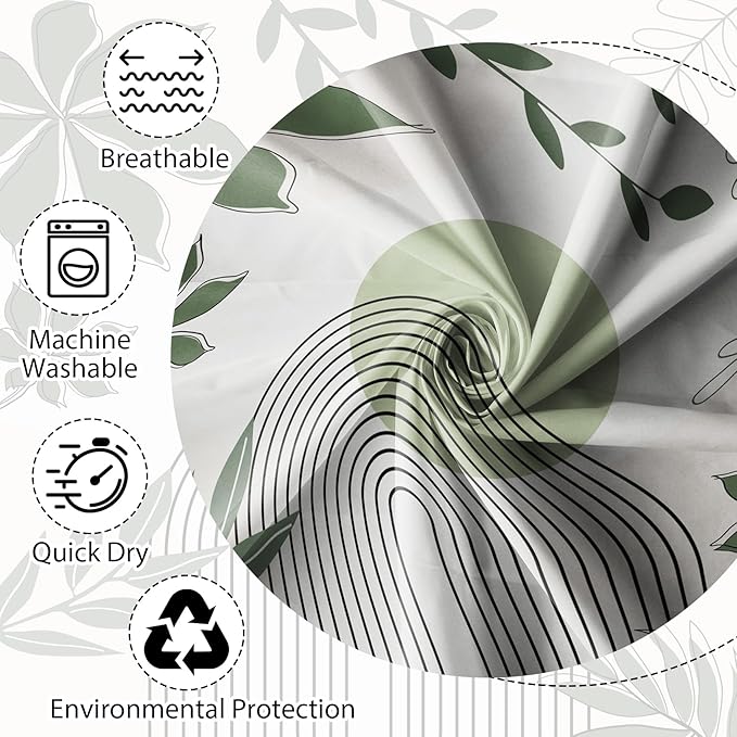 Boho Shower Curtain Modern Abstract Green Leaves Sun Bathroom Curtain Minimalist Geometric Arch Nature Fresh Decor Shower Curtain Waterproof Fabric with Hooks 60x72