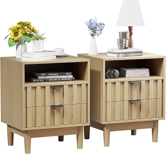 Fluted Nightstand Set of 2 with 2 Drawers, 19" Wide Night Stand with Solid Wood Legs, Open Storage Shelf, Mid Century Modern Wooden Bedside Table for Bedroom, Bed End Side Table, Oak