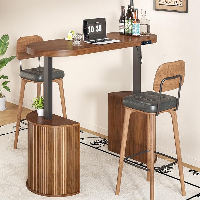 Mid Century Modern Electric Standing Desk with Storage, 55 x 22 Inch Small Sit Stand Up Desk, Wood Adjustable Height Computer Executive Desk for Home Office, Laptop, Walnut