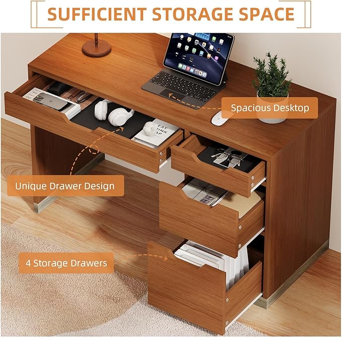 47" Computer Desk with Drawers, Small Home Office Desk with Storage, Wood Desk for Small Space, Office, Study, Brown