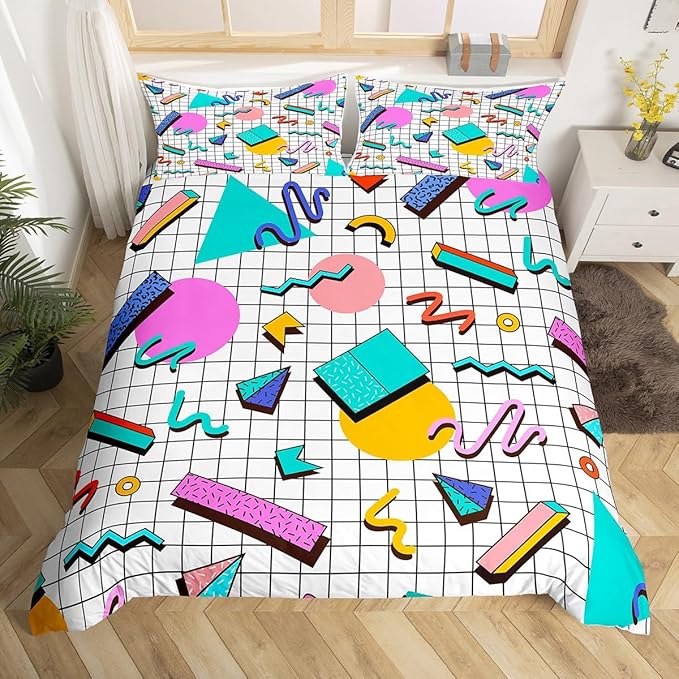 Memphis Duvet Cover Set Full Size, Retro 80s or 90s Geometric Fashion Style Comforter Cover with 2 Pillowcases, Vintage Hip Hop Bedding Set for Kids Boy Girls Lightweight Bedspread Cover,No Comforter