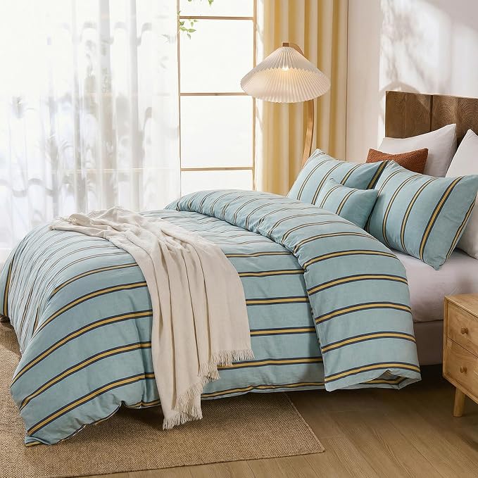 Merryword Green & Orange Striped Duvet Cover Set Queen Size, 100% Cotton Bedding Set with Zipper Closure & 8 Corner Ties, Luxury Linen Like Bedding, Soft Breathable Comforter Cover for All Seasons