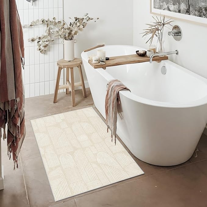 MUJOO 2x3 Washable Rug,Mid Century Modern Abstract Non Slip Low Pile Small Area Rug,Neutral Beige and White Rug for Entryway Bathroom Kitchen Bedroom