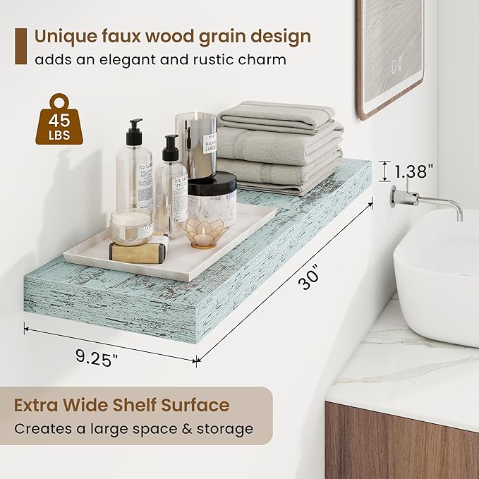 30in Floating Shelves for Wall, 30"W x 9.25"D x 1.25"H, 2 Pack Long Wall Mounted Engineered Wood Shelves with Invisible Brackets for Living Room, Bedroom, Bathroom, Kitchen Decor and Storage, Blue