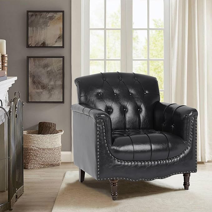 Pia Ricco Modern Tufted Accent Chair, Single Faux Leather Armchair with Nailhead Trim & Wood Legs, Comfortable Upholstered Seat for Living Room, Office - Blue Black