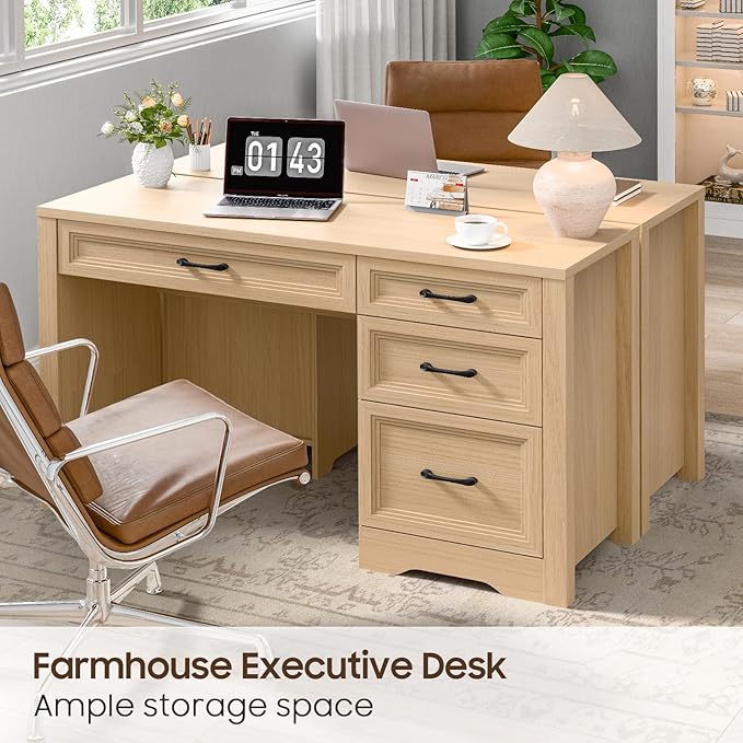 Vabches Farmhouse Executive Desk with Storage and Ample File Drawer, Rustic Large Home Writing Desk for Bedroom, Natural