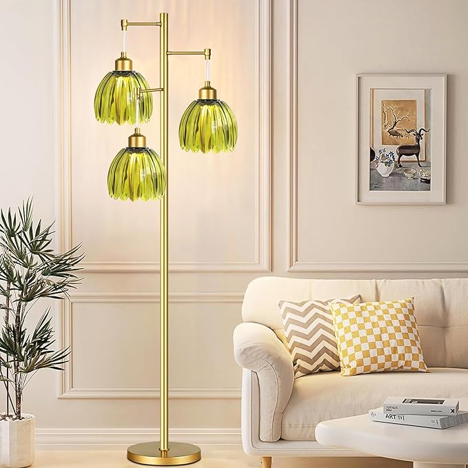 Glass Floor Lamp for Living Room,Bedroom,Gold Mid Century Modern Standing Lamp Brass Tree 3 Light Tall Floor Lamps Vintage Floor Lights Green Tulip Flower Lamp Shade Farmhouse Boho Bohemian